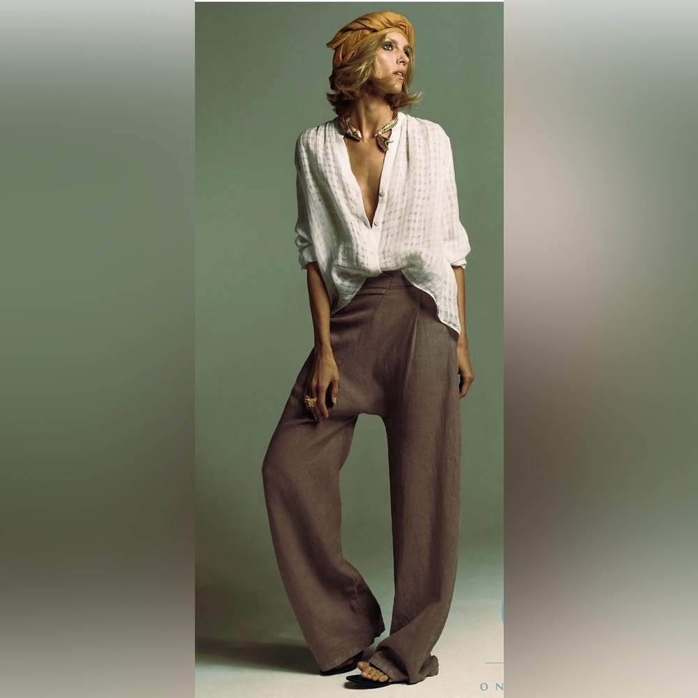 Zara Tan Wide Leg ASYMMETRIC LINEN PANTS